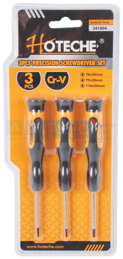 3PC TORX SCREWDRIVER SET T8/T9T/T10 CR-V BLACK FINISH PLASTIC HANDLE W/SOFT