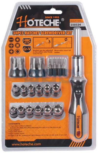 BIT SET 34PC W/RATCHET S/DRIVER Material:Cr-V /1Pc Ratchet Screwdriver