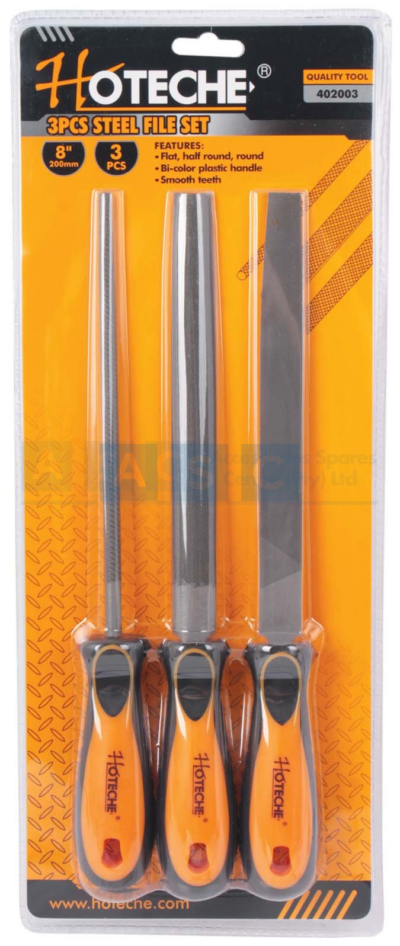 FILE SET 3PCS 200MM W/TPR HANDLE MATERIAL T12 SATIN FINISH SECOND TEETH