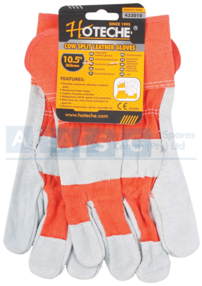 WORK GLOVE PAIR Cow Split Leather AllPalm/Red Drill Fabric/RubberizedCuff/