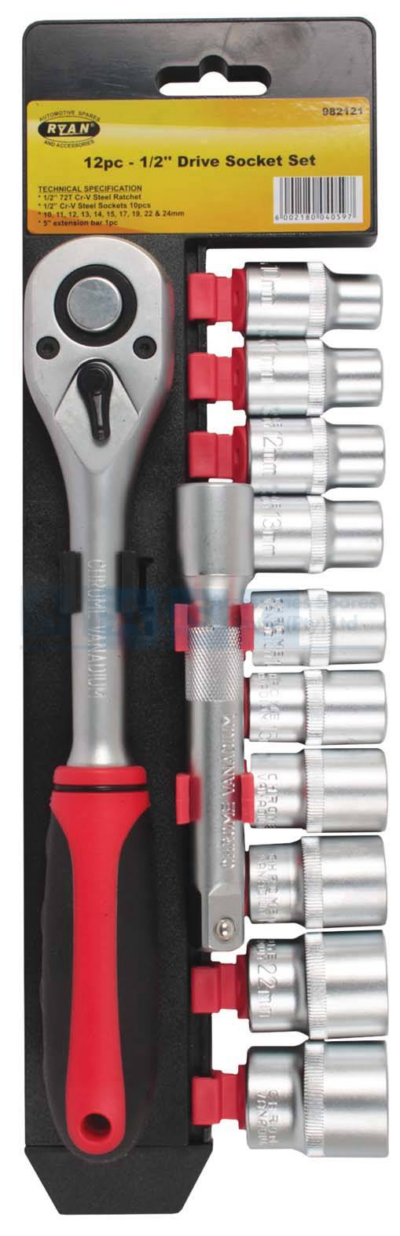 SOCKET SET 12PC 1/2  DRIVE C/V 10mm-24mm SOCKETS & ACC