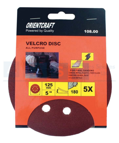 VELCRO S/DISC W/HOLE 125MM GRIT 180(5)
