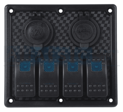 SWITCH PANEL 4 /POWER/DOUBLE USB  W/CIRCUIT BREAKER BLK 15A X2
