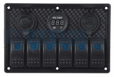 SWITCH PANEL 6/POWER/DOUBLE USB/V/METER  W/CIRCUIT BREAKER BLK 15A X 3