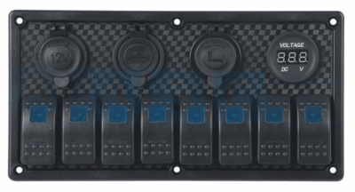 SWITCH PANEL 8/POWER/DOUBLE USB/V/METER  W/CIRCUIT BREAKER BLK 15A X 4