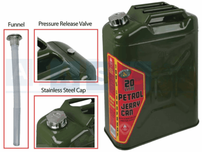 JERRY CAN 20LT UN/CE W/SCREW CAP & SPOUT SPOUT BENEATH THE CAP.