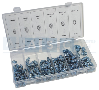 ASSORTED GREASE NIPPLES 110PCS metric M6X1 30PC/M6X1 45DEG. 15PC/M6X1 90DEG
