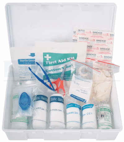FIRST AID KIT W/PLASTIC WHITE BOX W/RED +