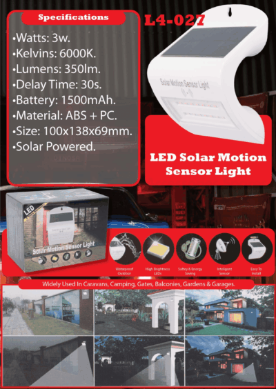 LED SOLAR LAMP CARAVAN W3/350LM 6000K W/MOTION SENSORS 100X138X69MM