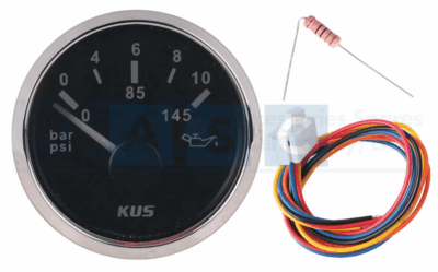 OIL PRESSURE GAUGE 52MM BLACK FACE W/ S/STEEL RING