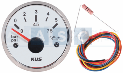 OIL PRESSURE GAUGE 52MM WHITE FACE W/ S/STEEL RING 12-24V DISPLAY 0-5BAR