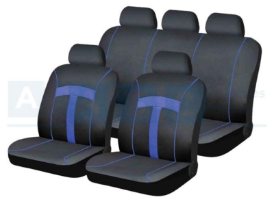 SEAT COVER 9PC BLUE T-STYLE POLYESTER 2MM FOAM 5H/REST 2FRT 2REAR