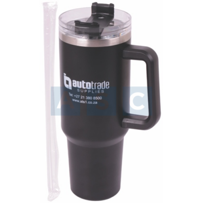 FLASK CUP 1200ML SS INSULATED BLACK W/HANDLE /STRAW-DOUBLE WALL DESIGN