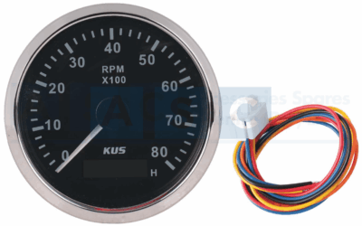TACHO METER 8000KPM 85MM BLACK FACE W/ S/STEEL RING