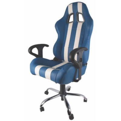 RACING OFFICE CHAIR BLUE/WHITE PVC DOUBLE WHITE STRIPES W/ARM REST