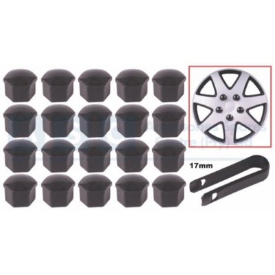 WHEEL NUT COVERS PLASTIC BLACK 20PCS + 1 TOOL REMOVER CARDED  17MM NUT