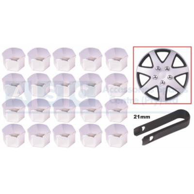 WHEEL NUT COVERS PLASTIC CHROME 20PCS + 1 TOOL REMOVER CARDED  21MM NUT